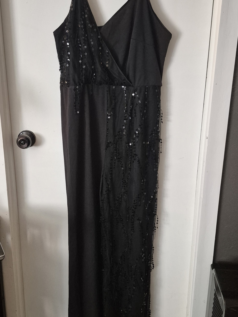 Black Sequin Jumpsuit with Draped V-Neck